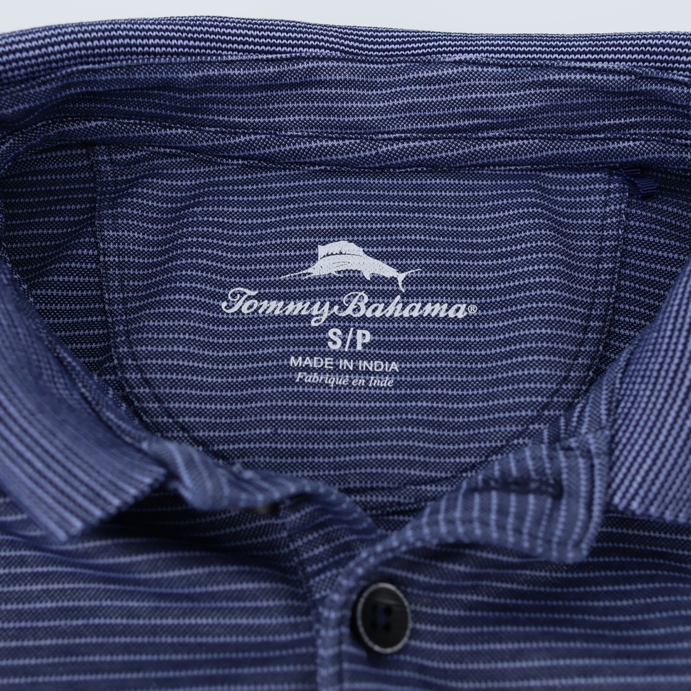 Tommy Bahama Mens Small Blue Striped Short Sleeve Polo Shirt Marlin Logo - Picture 6 of 7